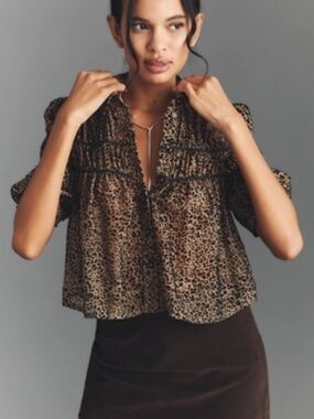 Anthropologie Leandra Velvet Shirred Yoke Blouse by Maeve in Leopard MP